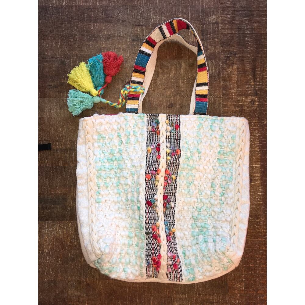 Katydid Textured Boho Large Tote Bag Multicolor Ivory Tassel Beachy Bright Fun